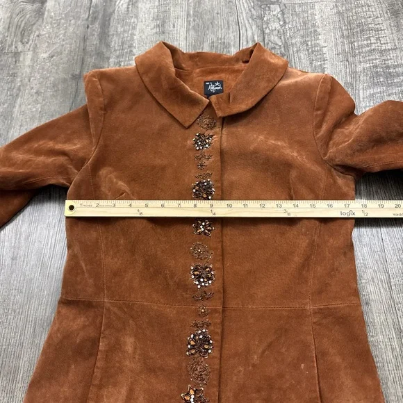 Hot in Hollywood Suede Leather Beaded Floral Embellished Long Jacket - Picture 3 of 11